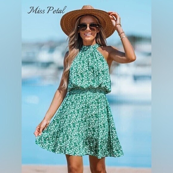 Cupshe Boho Green Ditsy Floral‎ Swing Halter Short Dress Size M RefCPS025 - Picture 1 of 11